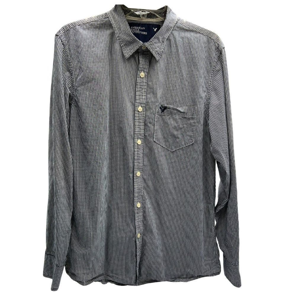 American Eagle Vintage Fit Black‎ Gray White Plaid Men's Long Sleeve Shirt Sz L